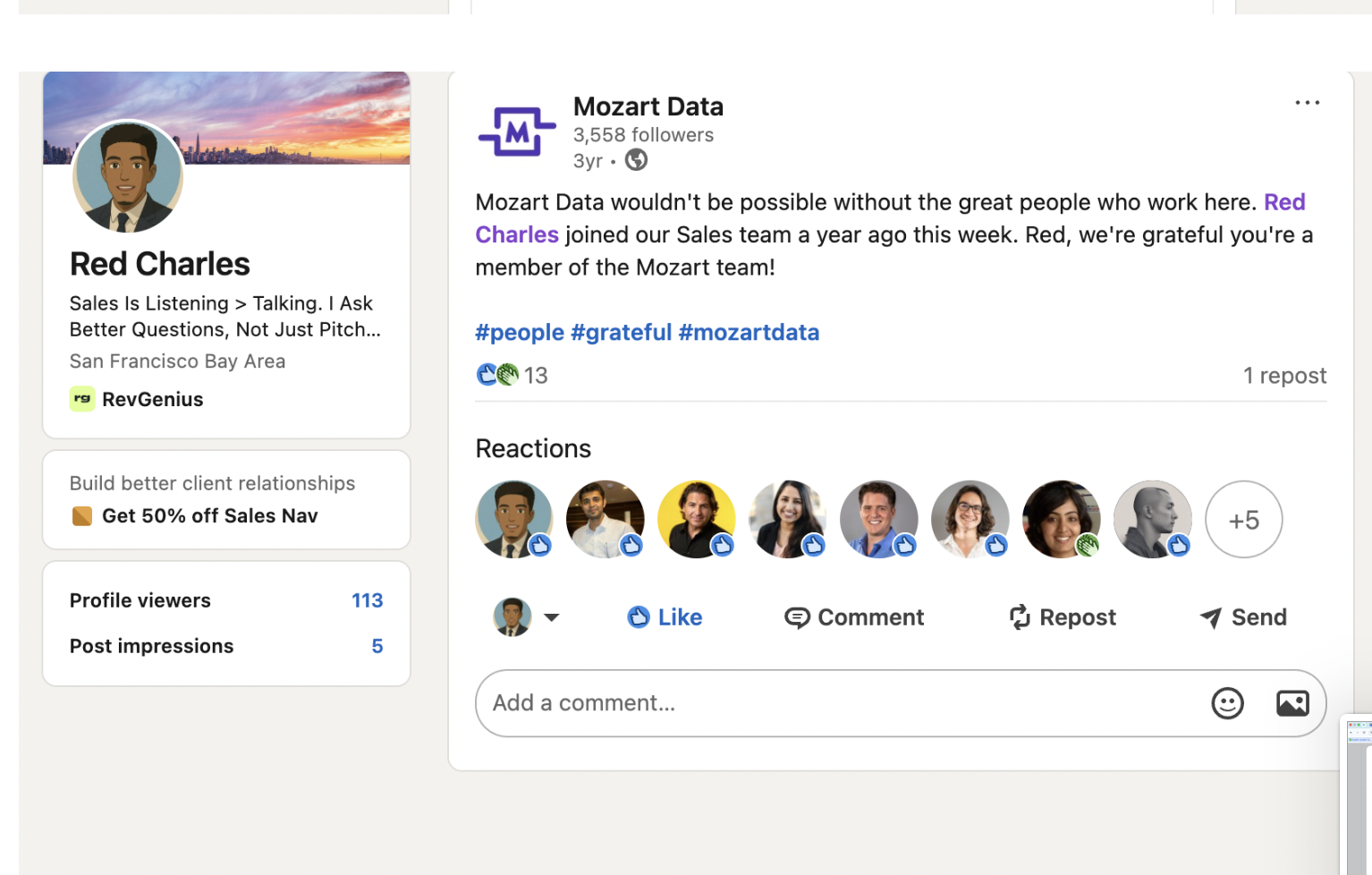 Mozart Data LinkedIn post about Red Charles