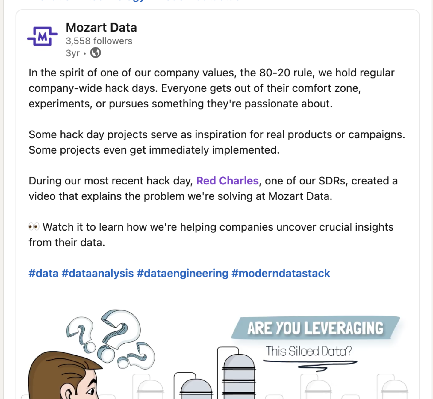 Mozart Data LinkedIn post about Red Charles